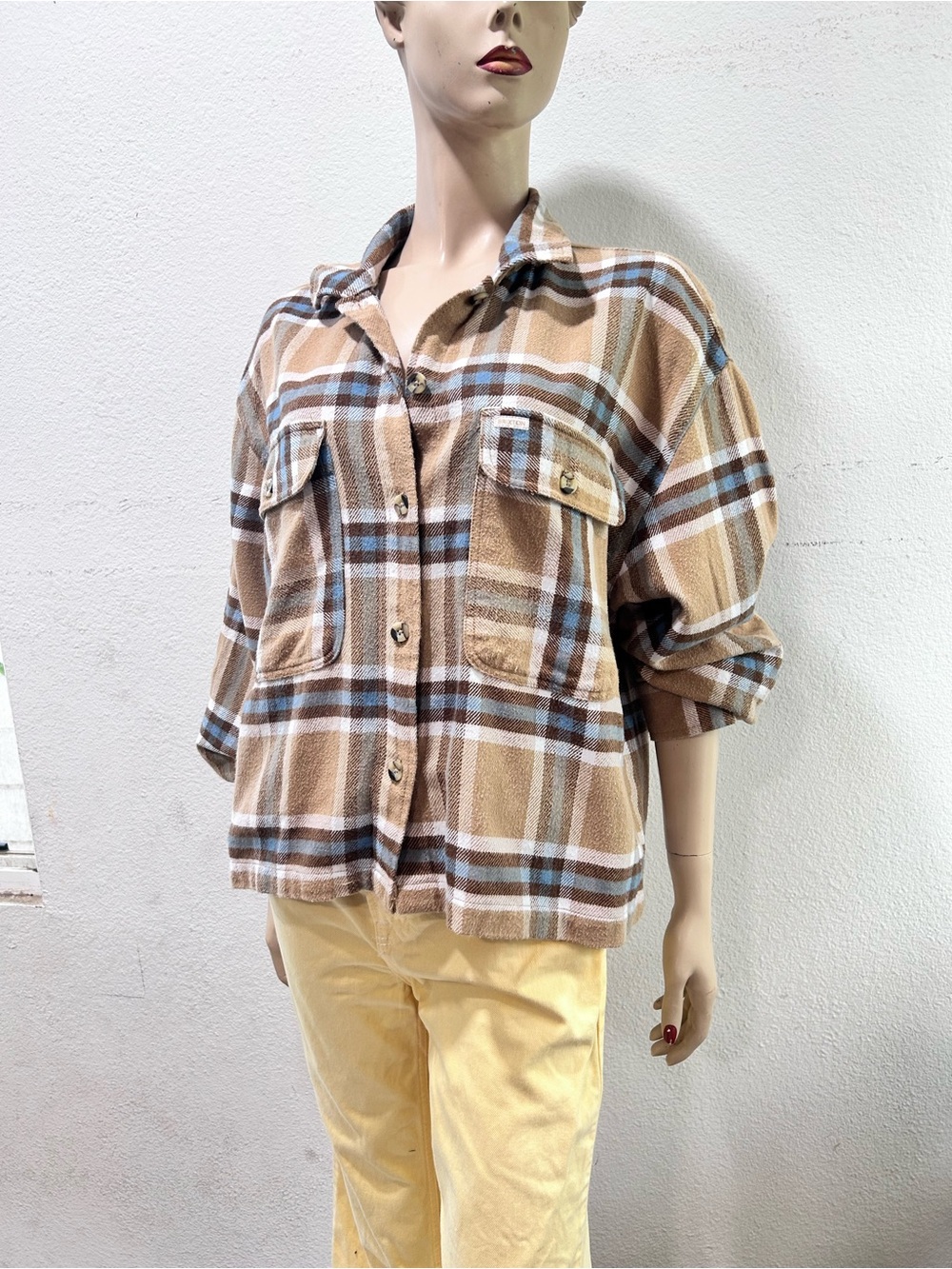 BRIXTON Cozy Plaid Shacket in Tan and Blue